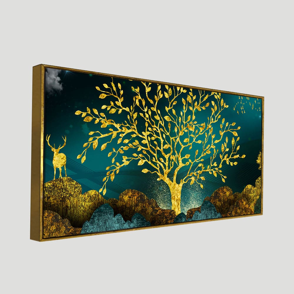 Golden Trees and Deer with Hills Premium Canvas Print Wall Painting - Decor Smart