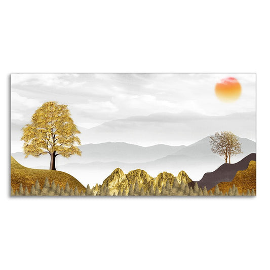 Golden Trees with Beautiful Sunrise Premium Canvas Wall Painting - Decor Smart