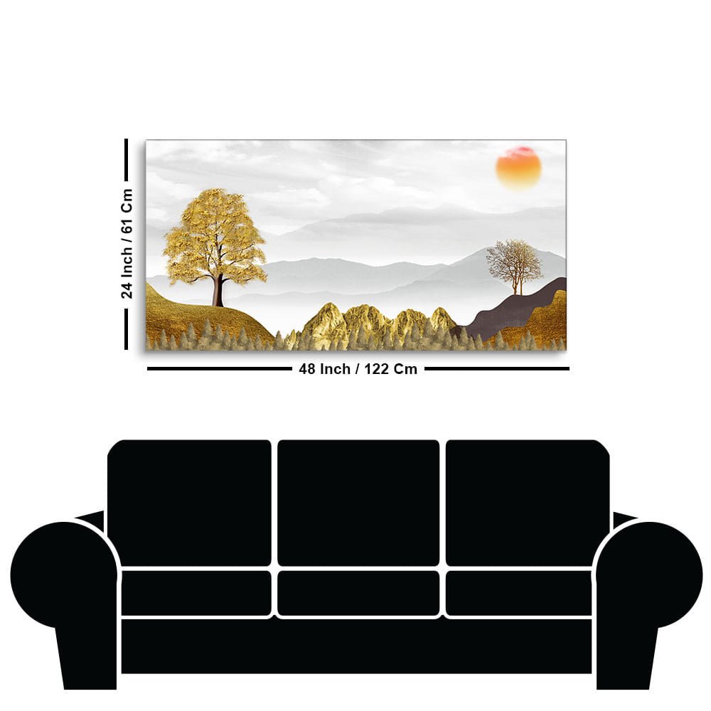 Golden Trees with Beautiful Sunrise Premium Canvas Wall Painting - Decor Smart