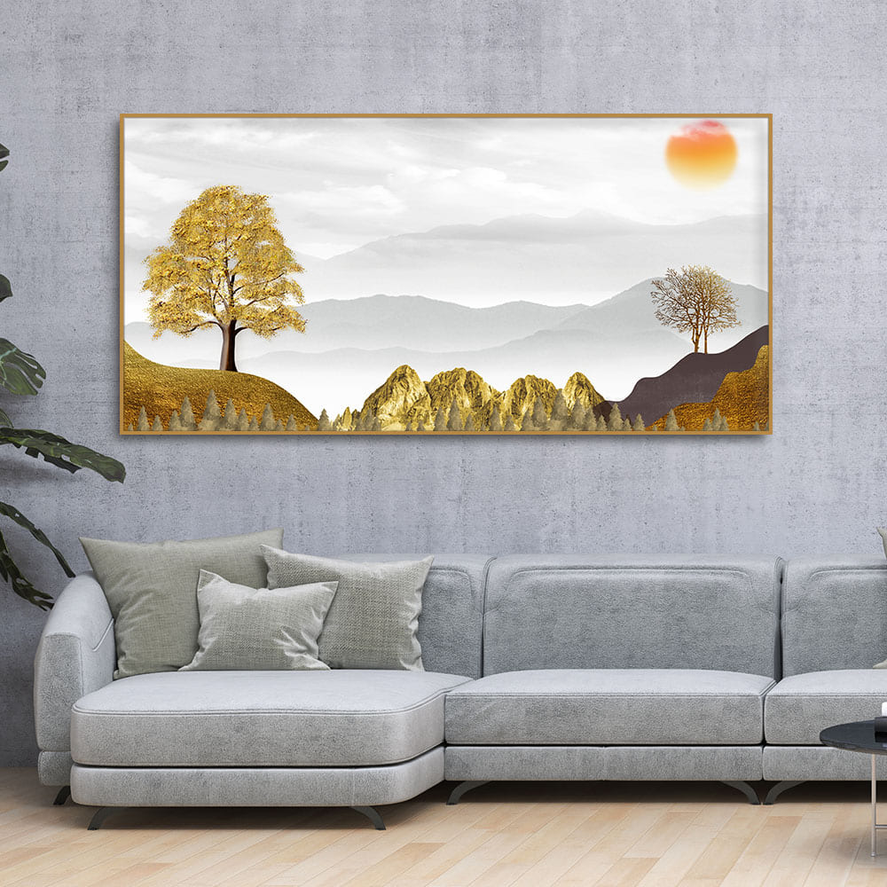 Golden Trees with Beautiful Sunrise Premium Canvas Wall Painting - Decor Smart