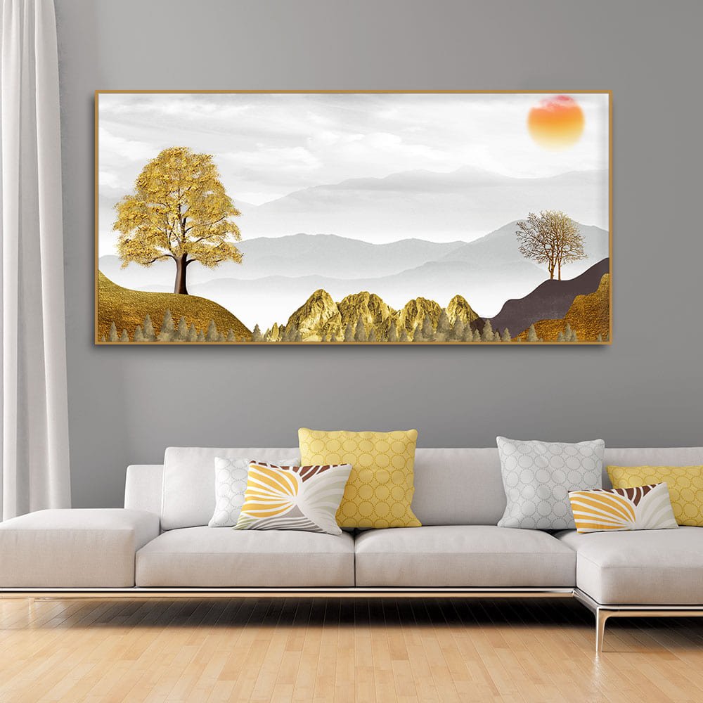 Golden Trees with Beautiful Sunrise Premium Canvas Wall Painting - Decor Smart