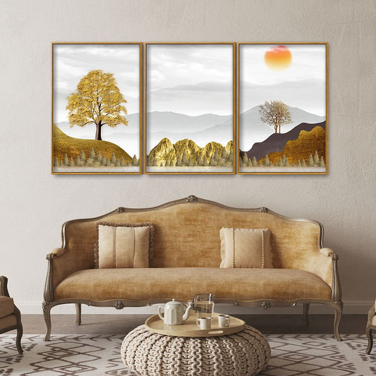 Golden Trees with Beautiful Sunrise Premium Floating Canvas Wall Painting Set of Three - Decor Smart