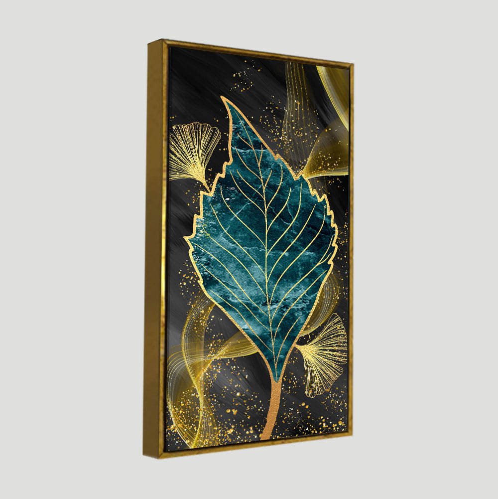 Golden Waves Shapes Turquoise and Green Leaf Feather Canvas Wall Painting - Decor Smart