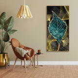 Golden Waves Shapes Turquoise and Green Leaf Feather Canvas Wall Painting - Decor Smart