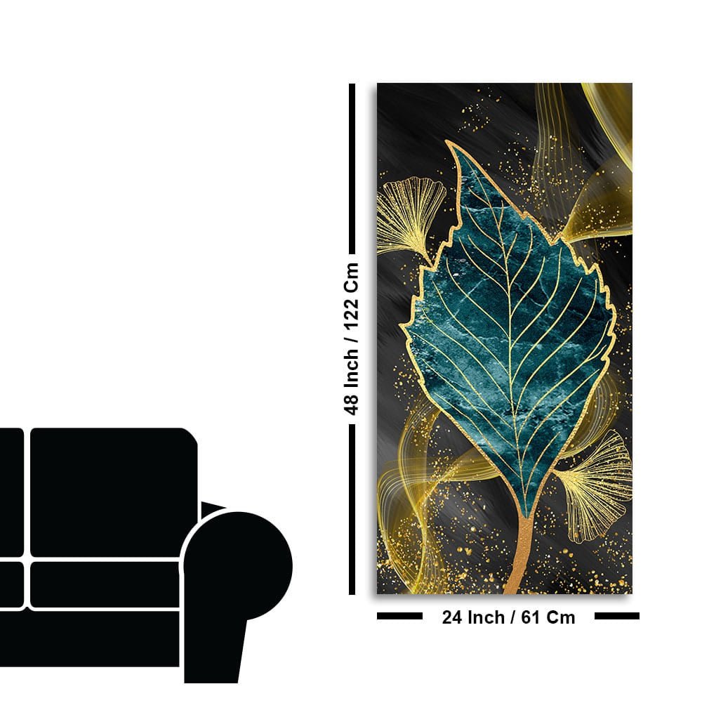 Golden Waves Shapes Turquoise and Green Leaf Feather Canvas Wall Painting - Decor Smart