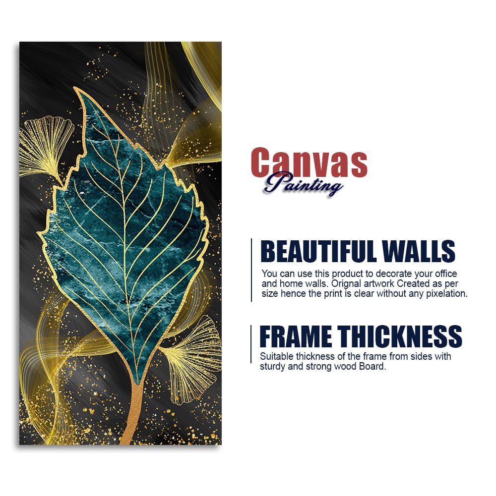 Golden Waves Shapes Turquoise and Green Leaf Feather Canvas Wall Painting - Decor Smart