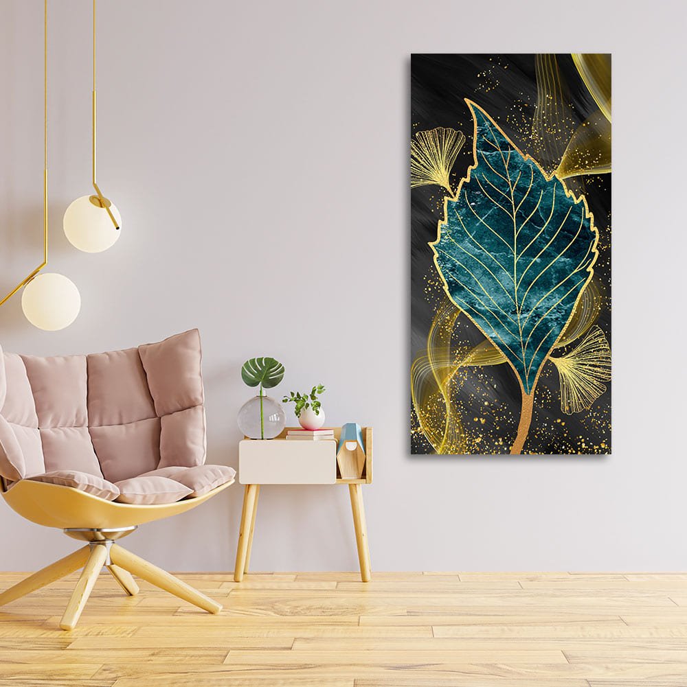 Golden Waves Shapes Turquoise and Green Leaf Feather Canvas Wall Painting - Decor Smart