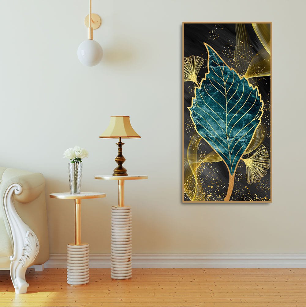 Golden Waves Shapes Turquoise and Green Leaf Feather Canvas Wall Painting - Decor Smart