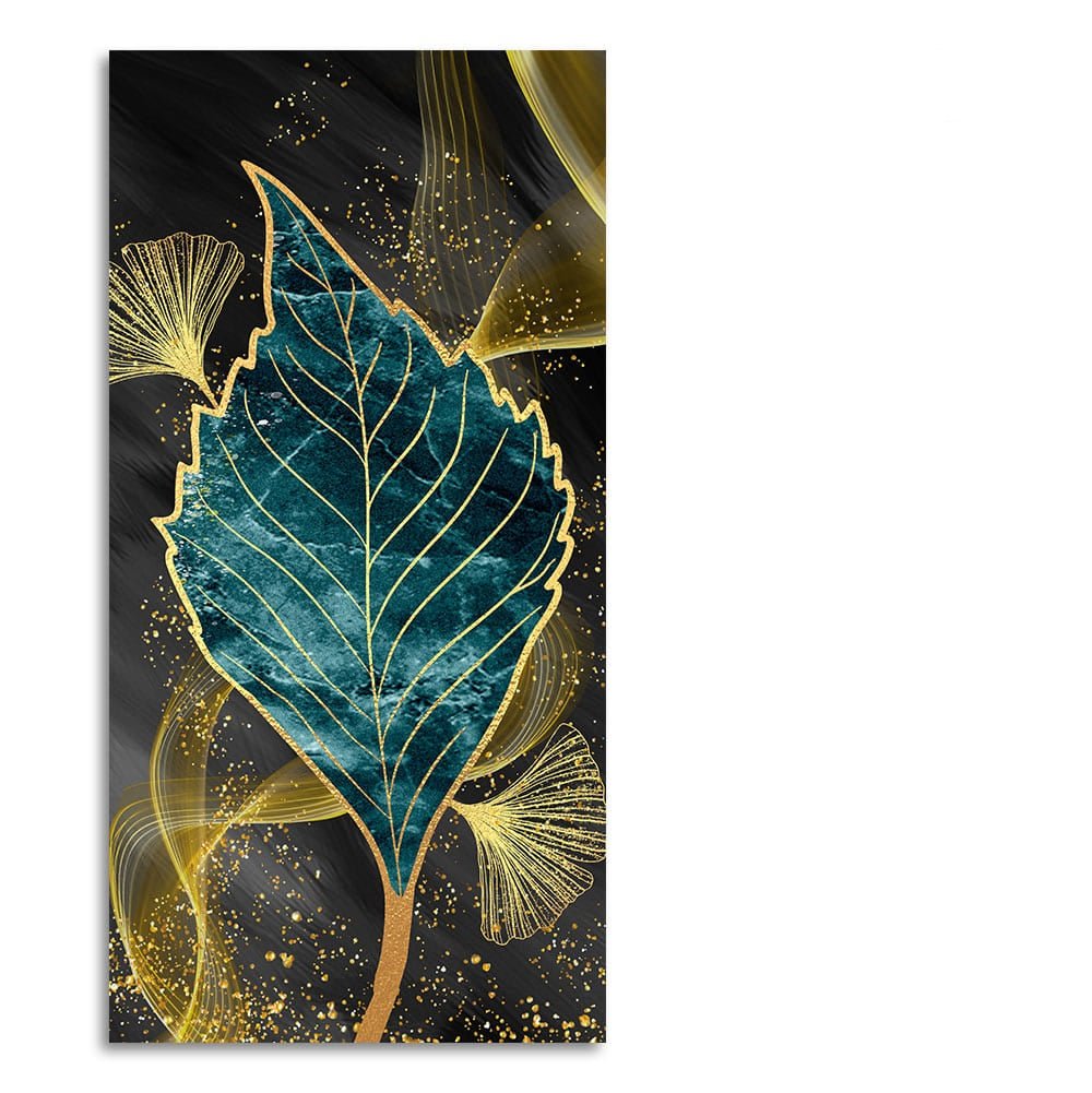 Golden Waves Shapes Turquoise and Green Leaf Feather Canvas Wall Painting - Decor Smart