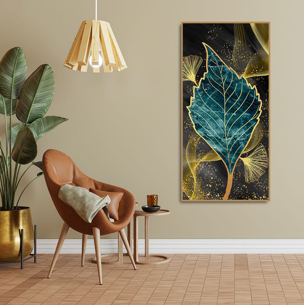 Golden Waves Shapes Turquoise and Green Leaf Feather Canvas Wall Painting - Decor Smart