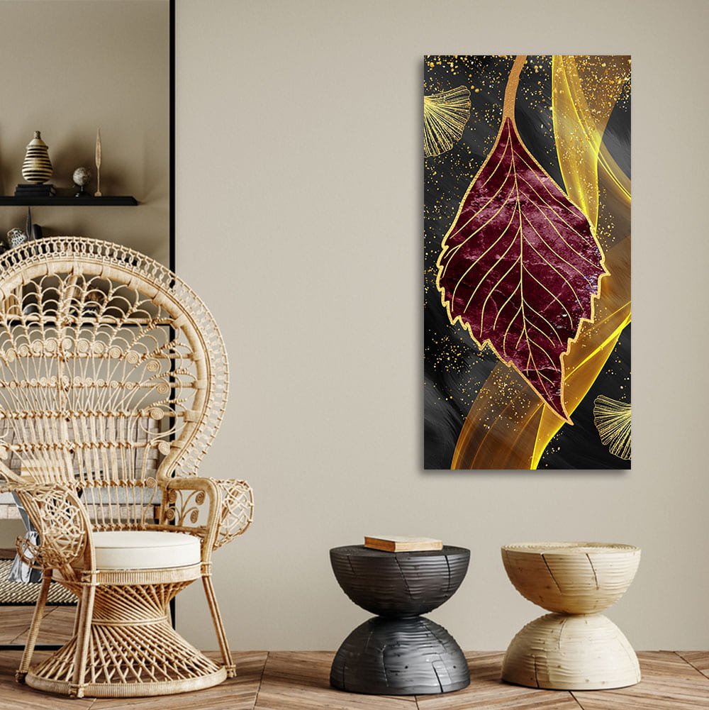 Golden Waves Shapes Turquoise and Red Leaf Feather Canvas Wall Painting - Decor Smart
