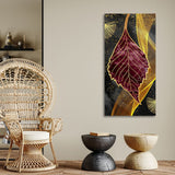 Golden Waves Shapes Turquoise and Red Leaf Feather Canvas Wall Painting - Decor Smart
