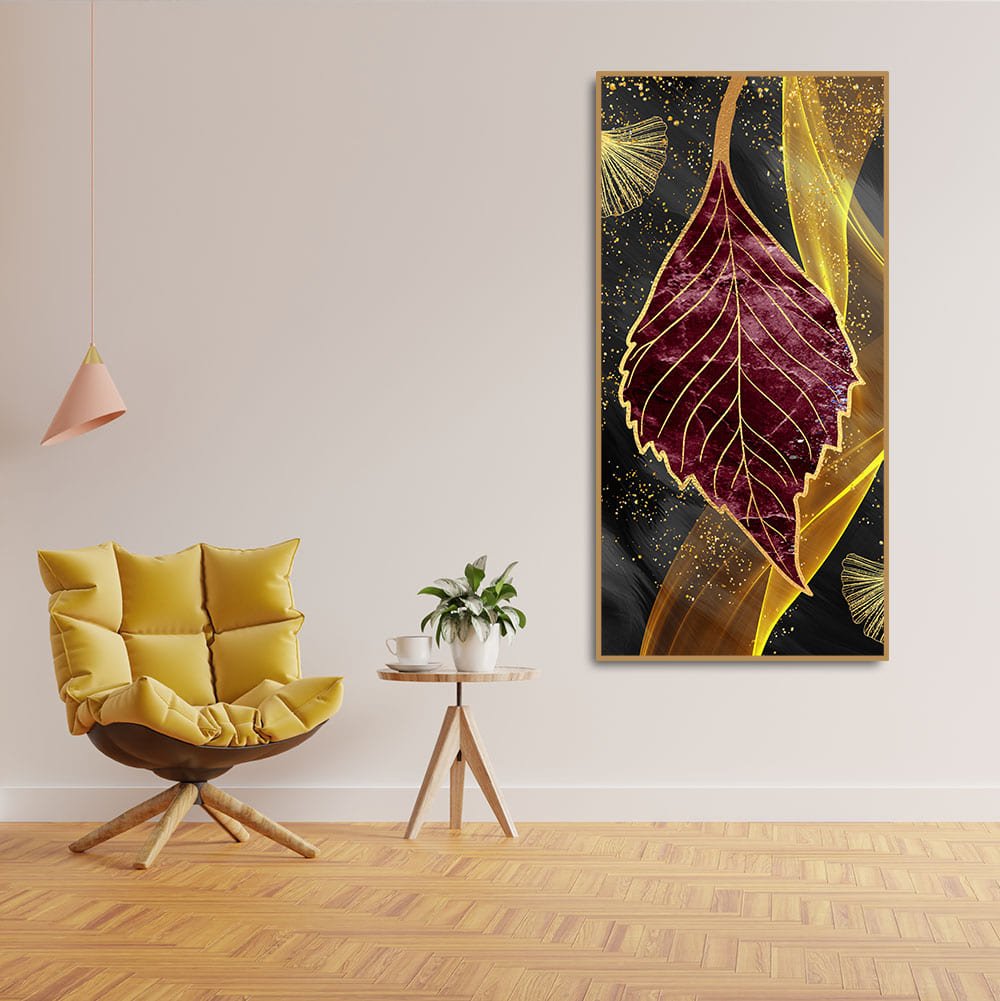 Golden Waves Shapes Turquoise and Red Leaf Feather Canvas Wall Painting - Decor Smart