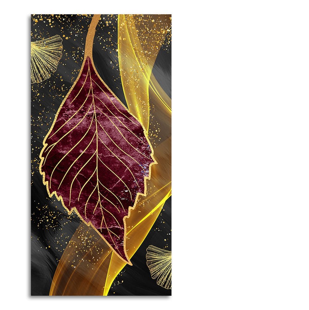 Golden Waves Shapes Turquoise and Red Leaf Feather Canvas Wall Painting - Decor Smart