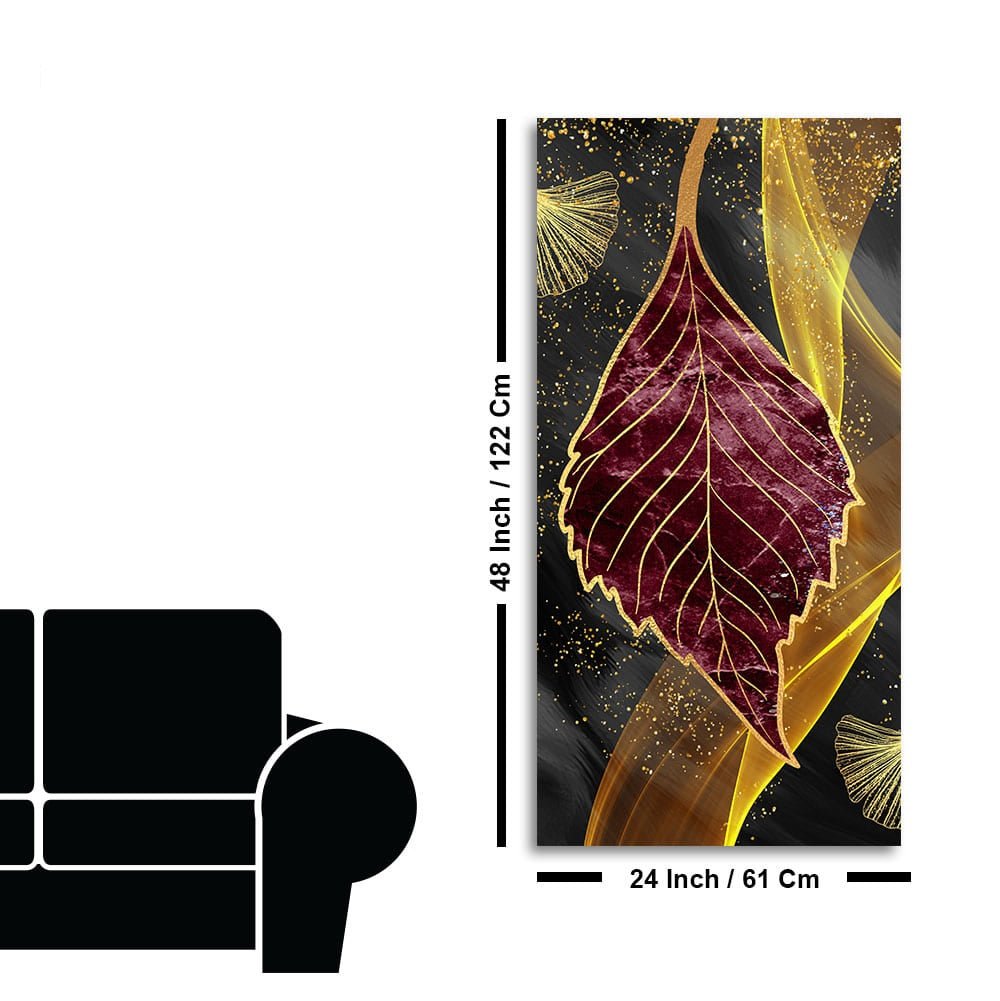 Golden Waves Shapes Turquoise and Red Leaf Feather Canvas Wall Painting - Decor Smart