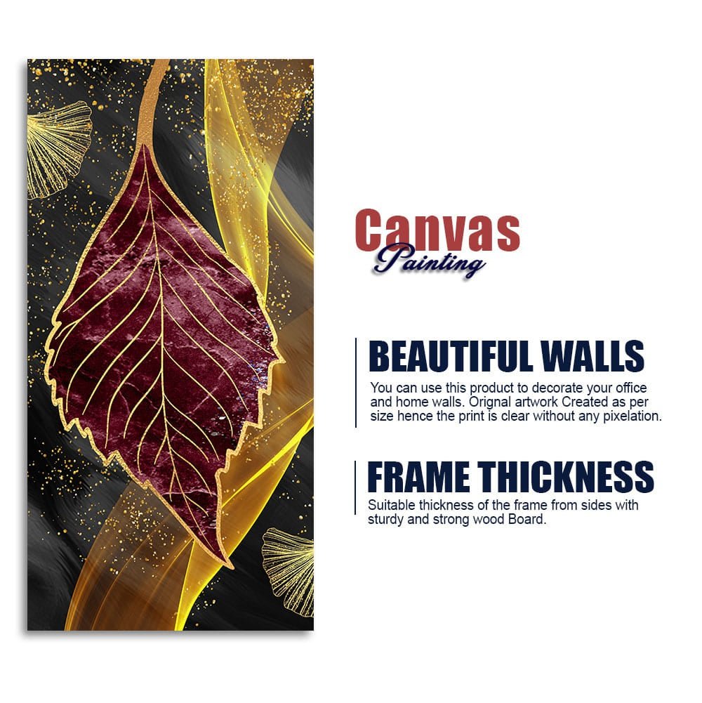 Golden Waves Shapes Turquoise and Red Leaf Feather Canvas Wall Painting - Decor Smart