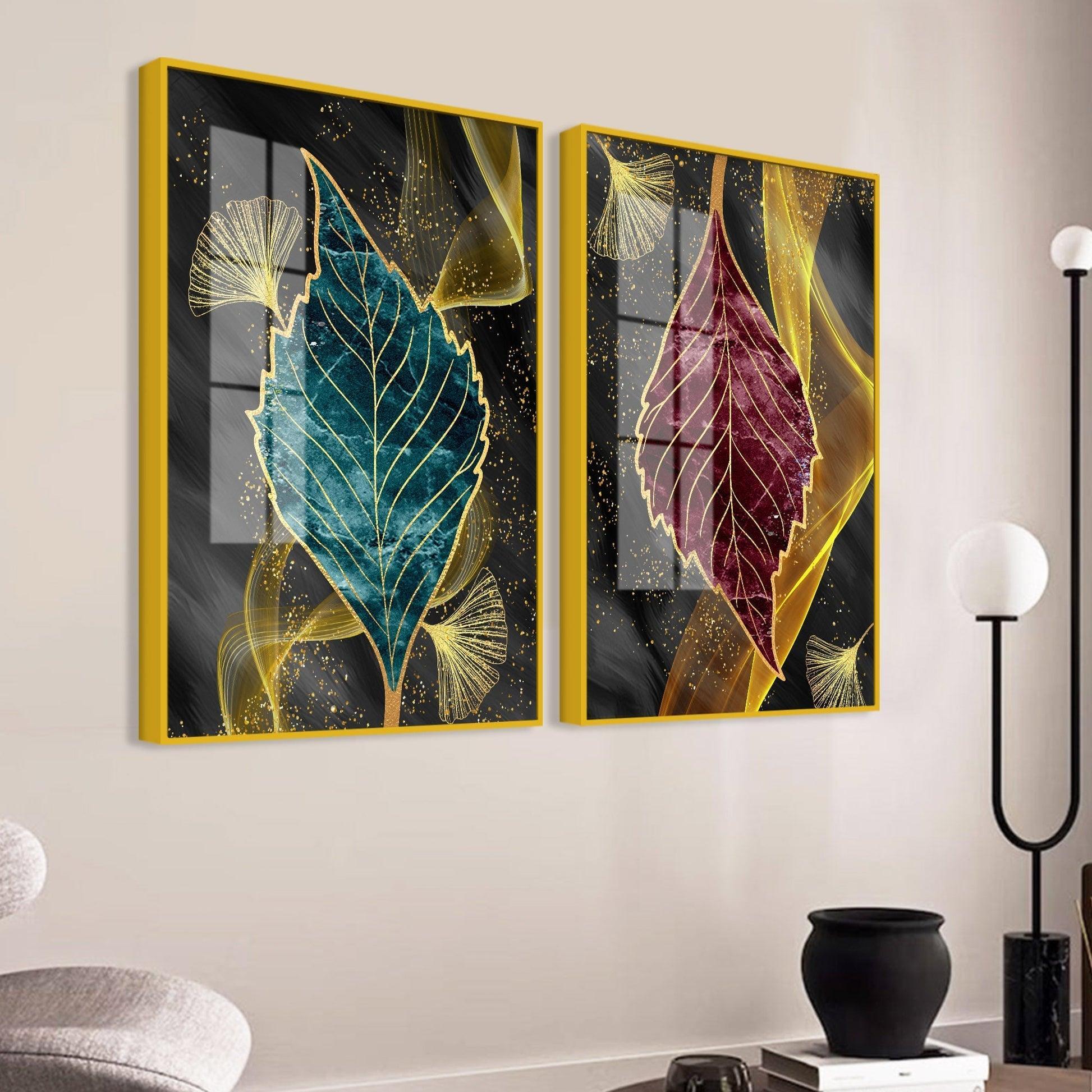 Green and Red Leaf Shape Acrylic Floating Wall Painting Set of 2 - Decor Smart