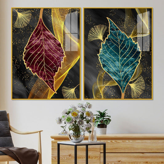 Green and Red Leaf Shape Acrylic Floating Wall Painting Set of 2 - Decor Smart