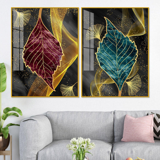 Green and Red Leaf Shape Acrylic Floating Wall Painting Set of 2 - Decor Smart
