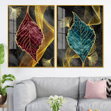 Green and Red Leaf Shape Acrylic Floating Wall Painting Set of 2 - Decor Smart