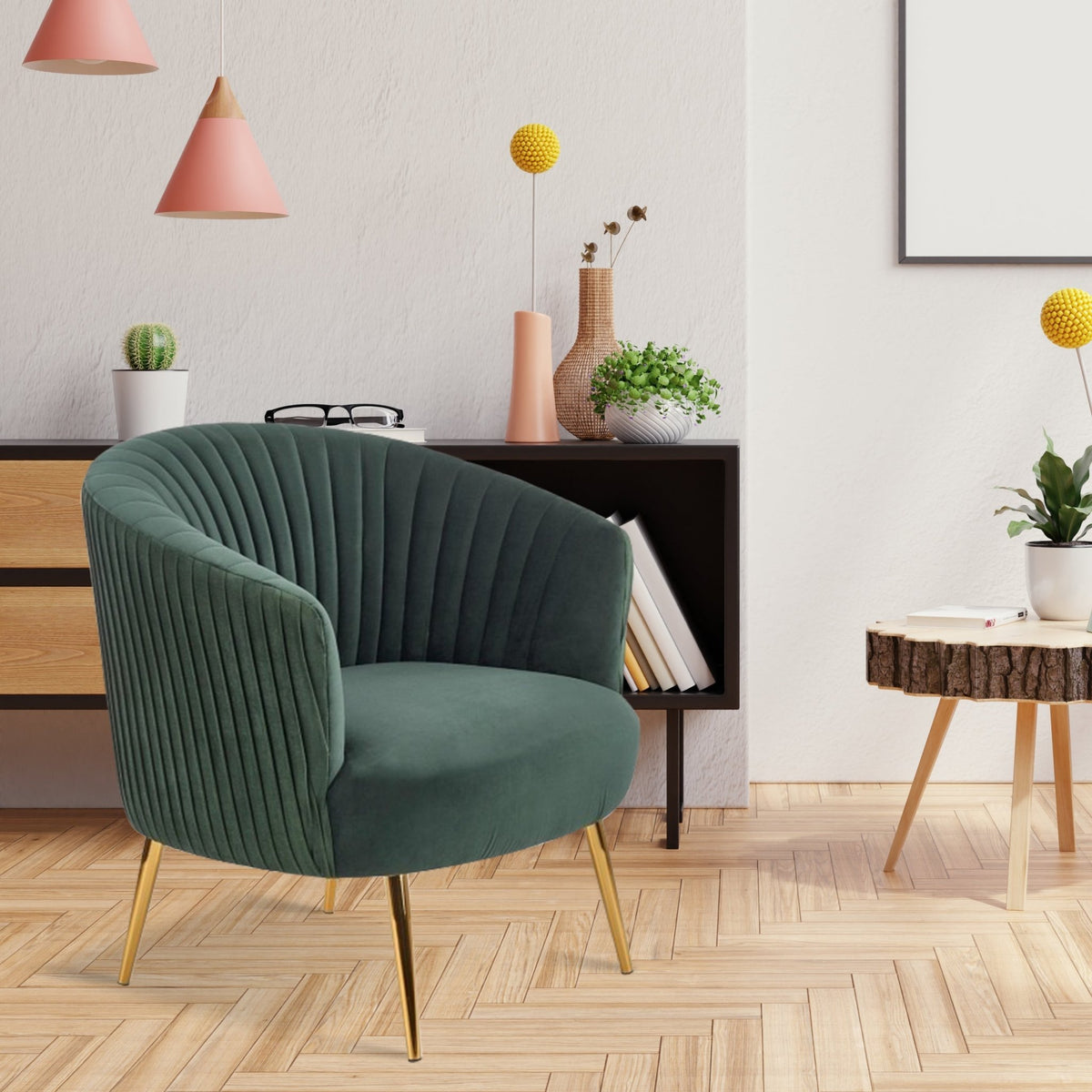 Green Cocooned Pattern Velvet Accent Chair - Decor Smart
