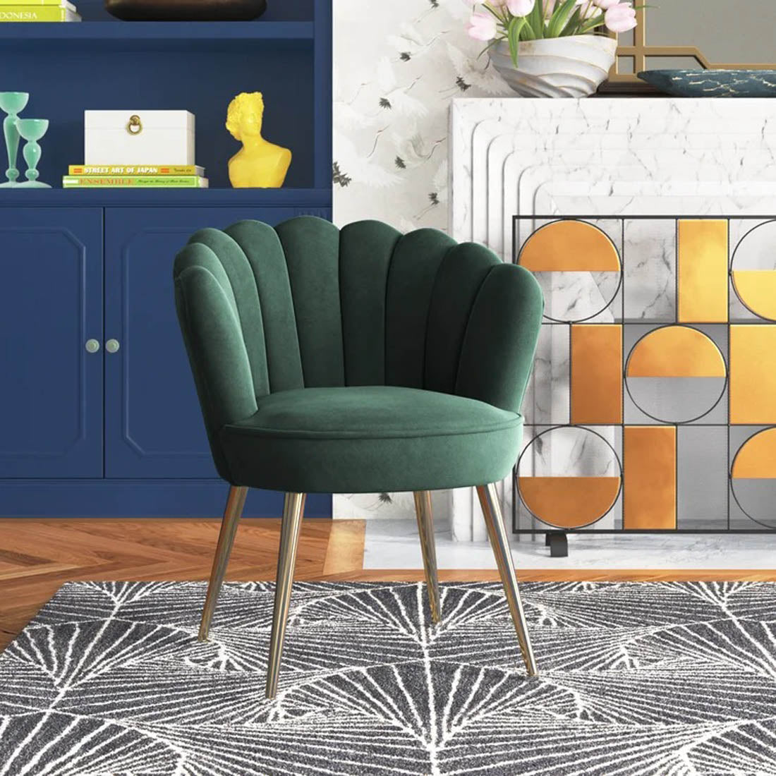 Green Color Crafted Shell Design Lounge Chair - Decor Smart