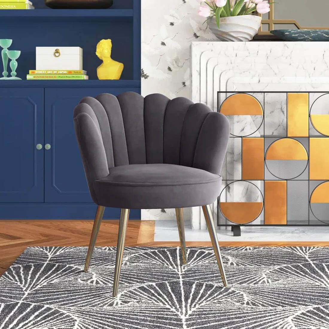 Grey Crafted Shell Shaped Designer Accent Chair - Decor Smart