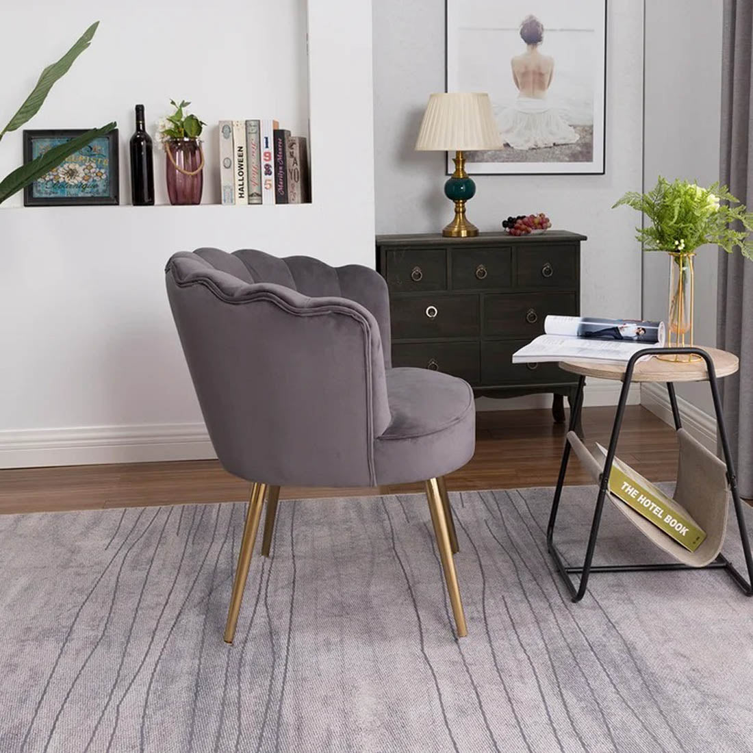 Grey Crafted Shell Shaped Designer Accent Chair - Decor Smart