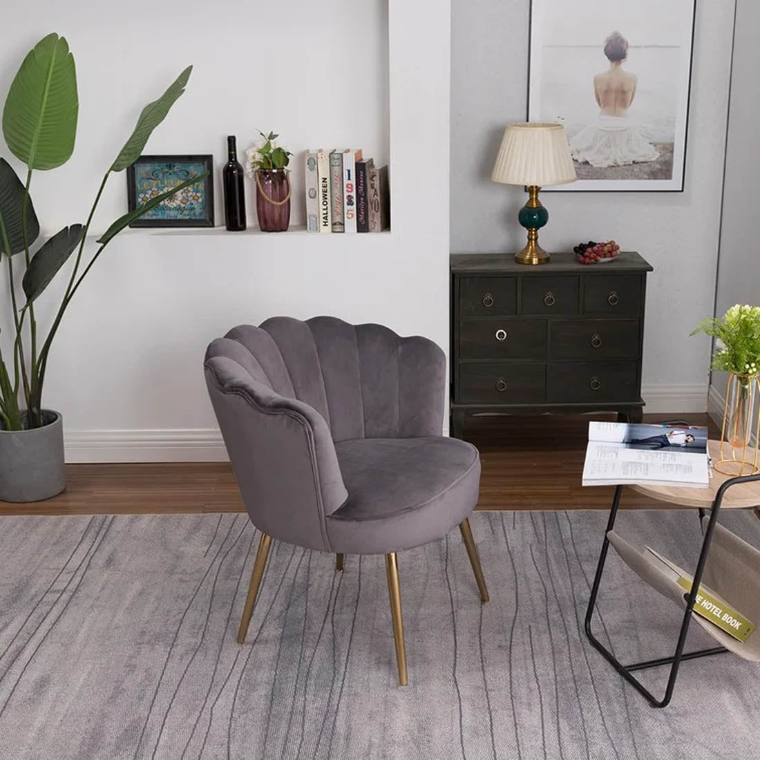 Grey Crafted Shell Shaped Designer Accent Chair - Decor Smart