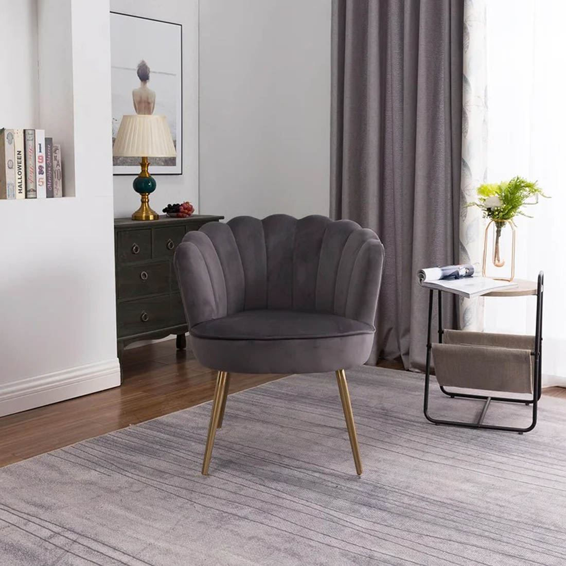 Grey Crafted Shell Shaped Designer Accent Chair - Decor Smart