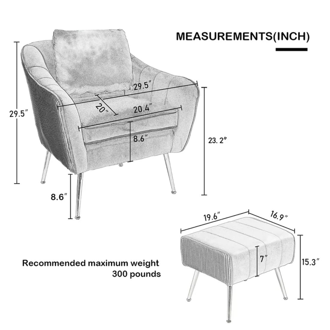 Grey Fluffy Super Comfy Velvet Luxury Accent Chair with Ottoman - Decor Smart