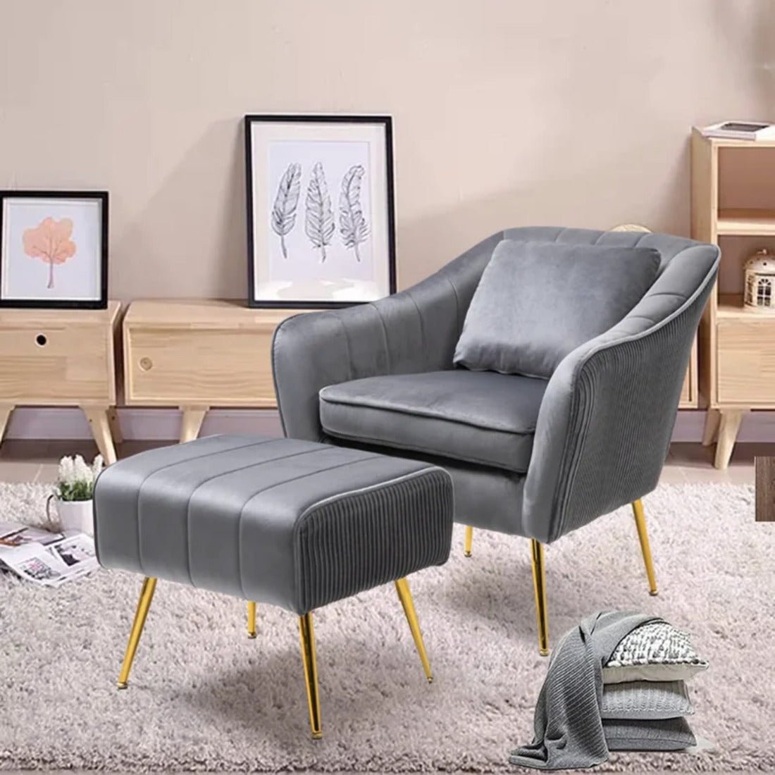 Grey Fluffy Super Comfy Velvet Luxury Accent Chair with Ottoman - Decor Smart