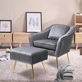 Grey Fluffy Super Comfy Velvet Luxury Accent Chair with Ottoman - Decor Smart