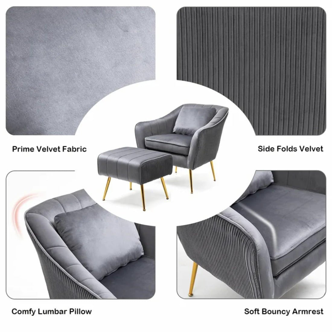 Grey Fluffy Super Comfy Velvet Luxury Accent Chair with Ottoman - Decor Smart