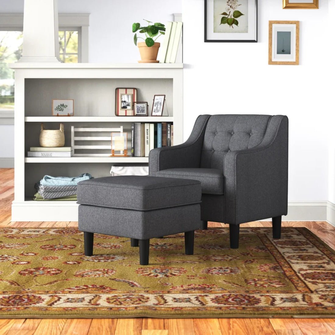 Grey Tufted Comfy Classic Lounge Accent Chair with Ottoman - Decor Smart