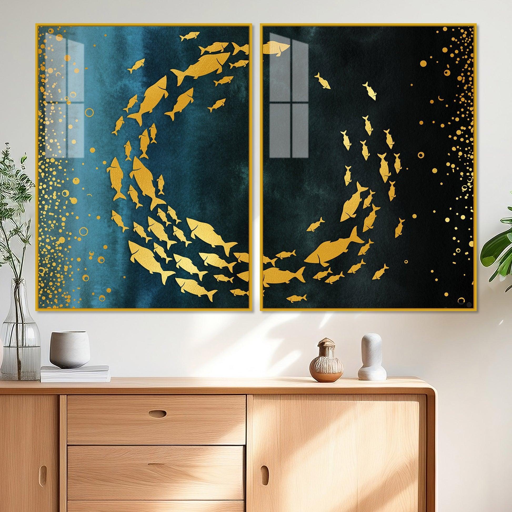 Group of Golden Fishes Acrylic Floating Wall Painting Set of 2 - Decor Smart