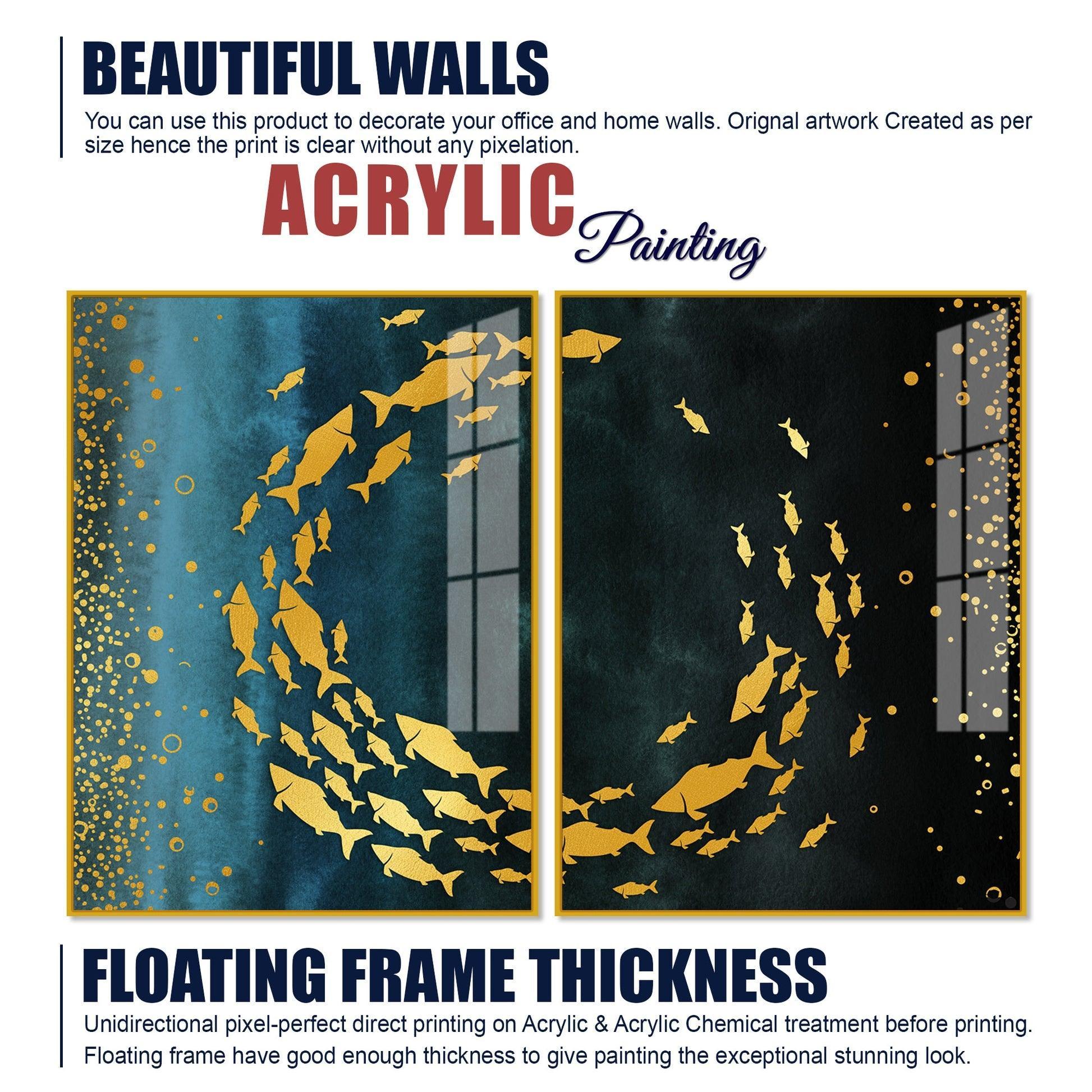 Group of Golden Fishes Acrylic Floating Wall Painting Set of 2 - Decor Smart