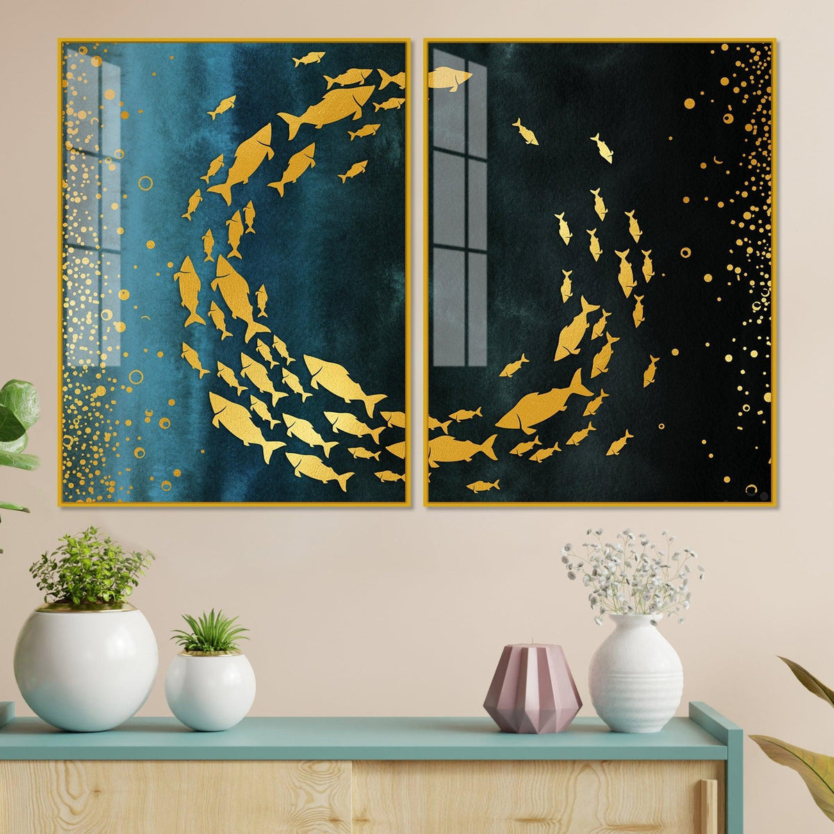 Group of Golden Fishes Acrylic Floating Wall Painting Set of 2 - Decor Smart