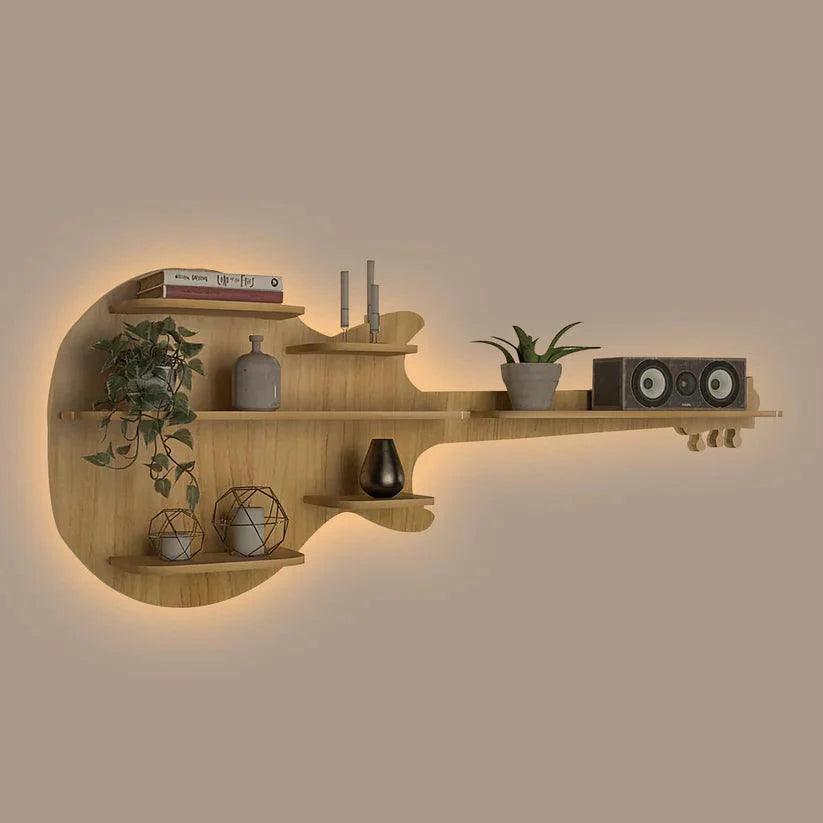 Guitar Backlit Designer Wooden Wall Shelf / Book Shelf / Night Light, Oak Finish - Decor Smart