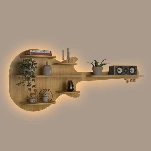 Guitar Backlit Designer Wooden Wall Shelf / Book Shelf / Night Light, Oak Finish - Decor Smart
