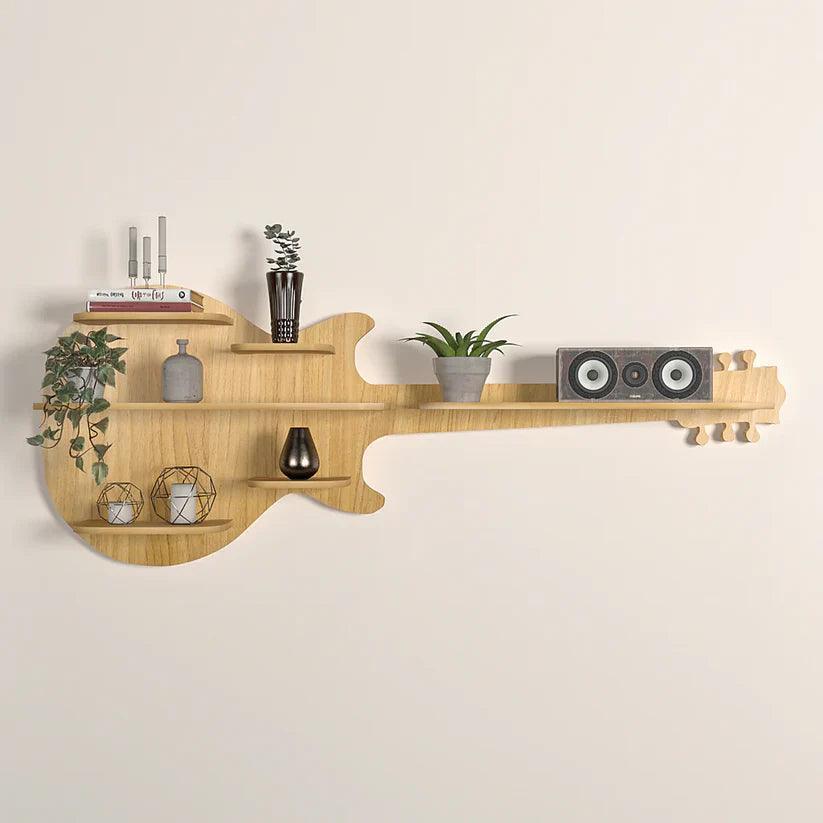 Guitar Backlit Designer Wooden Wall Shelf / Book Shelf / Night Light, Oak Finish - Decor Smart