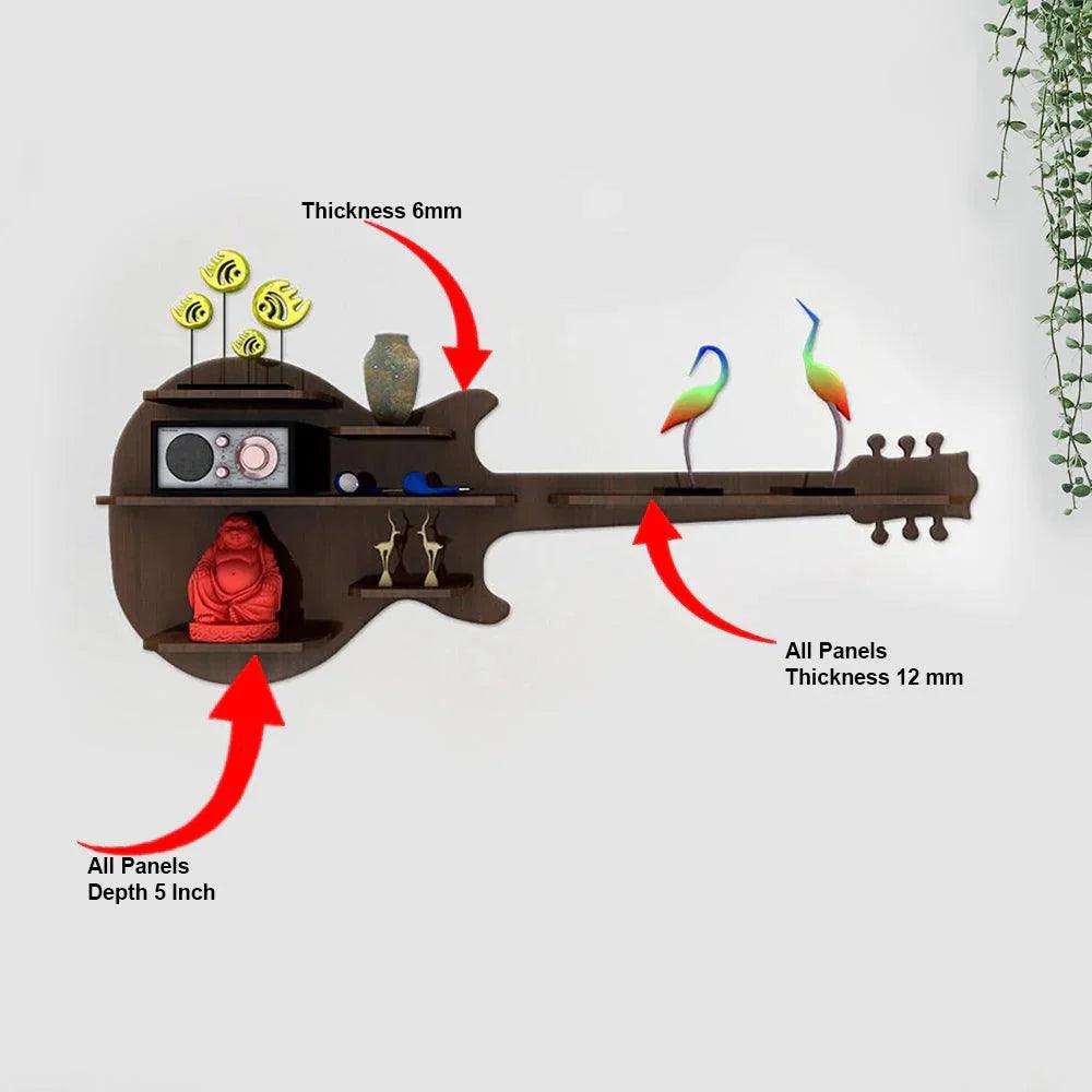 Guitar Backlit Designer Wooden Wall Shelf / Book Shelf / Night Light, Walnut Finish - Decor Smart