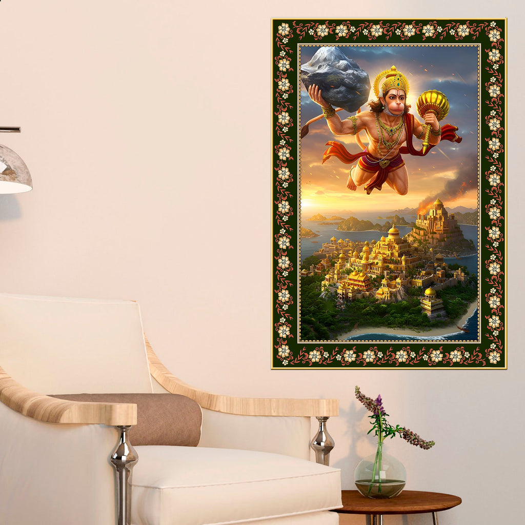 Hanuman with Sanjivani Hill Floral Border Vertical Wall Painting