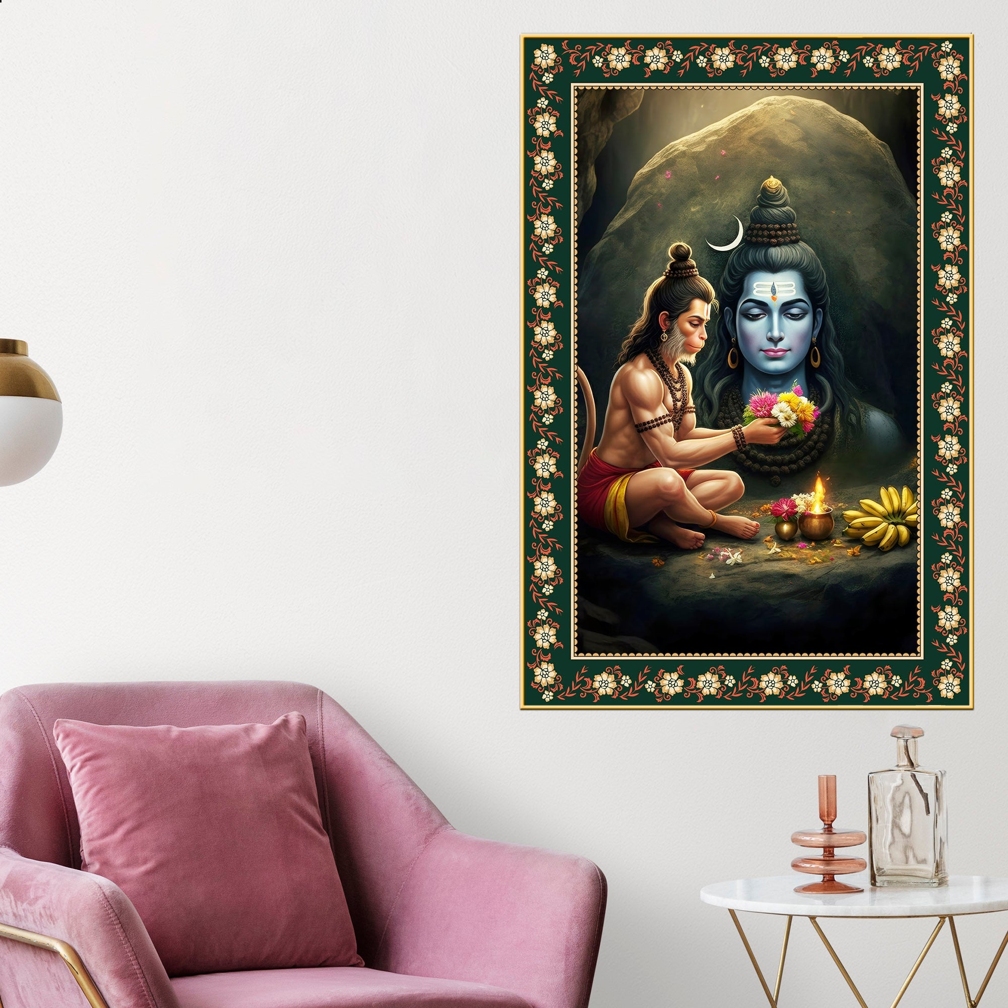 Hanuman Worship Shiva Floral Border Vertical Wall Painting – Decor Smart