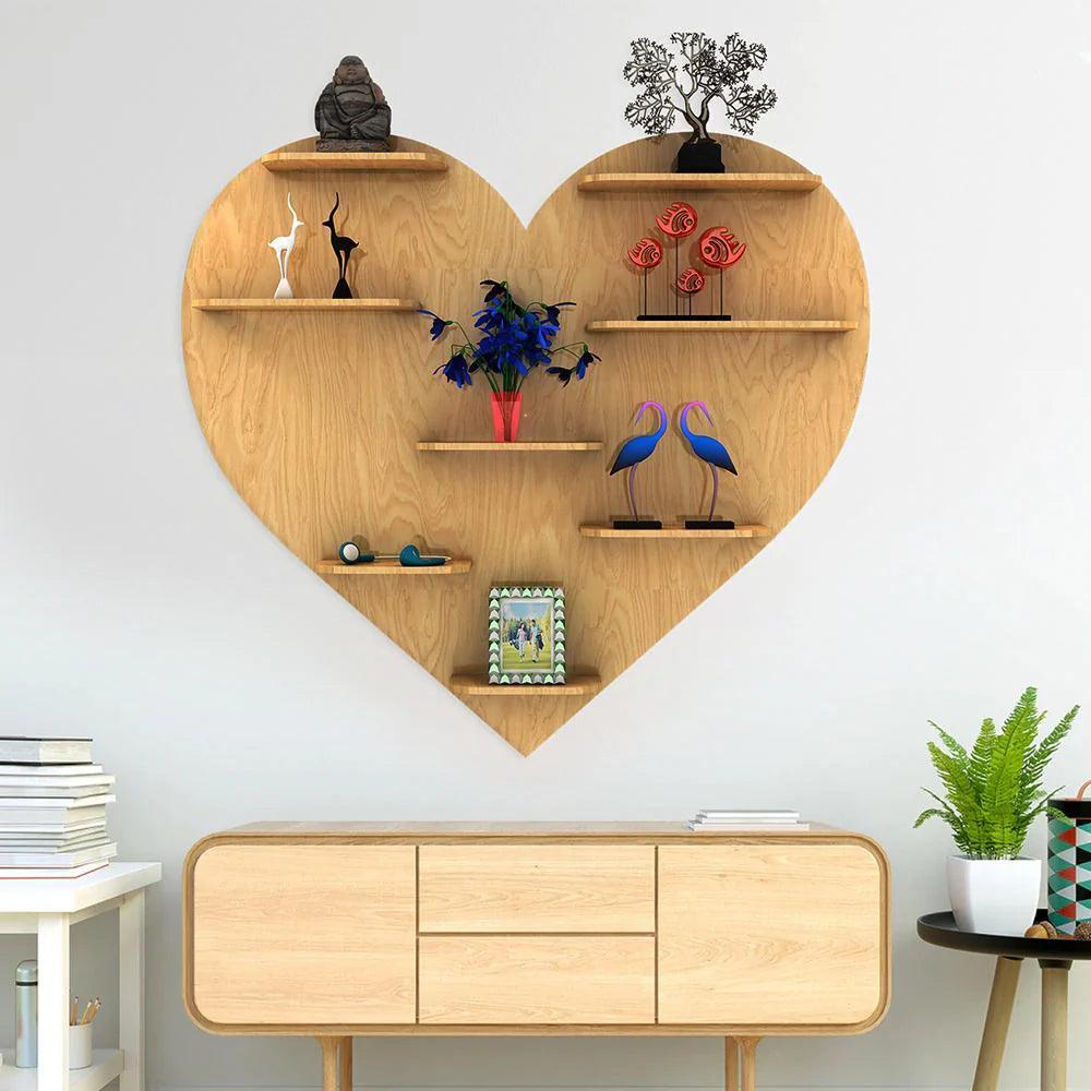 Heart Backlit Designer Wooden Wall Shelf / Book Shelf / Night Light, Light Oak Finish - Decor Smart