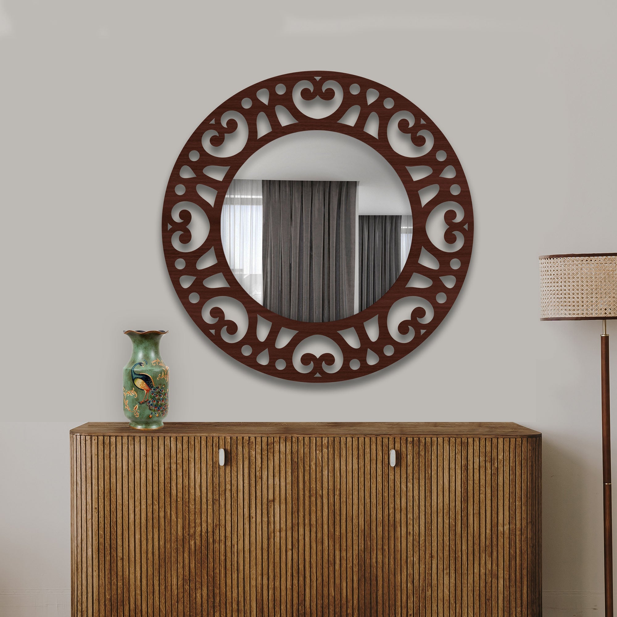 Heart Design Frame Round Shape Wooden Wall Mirror - Decor Smart