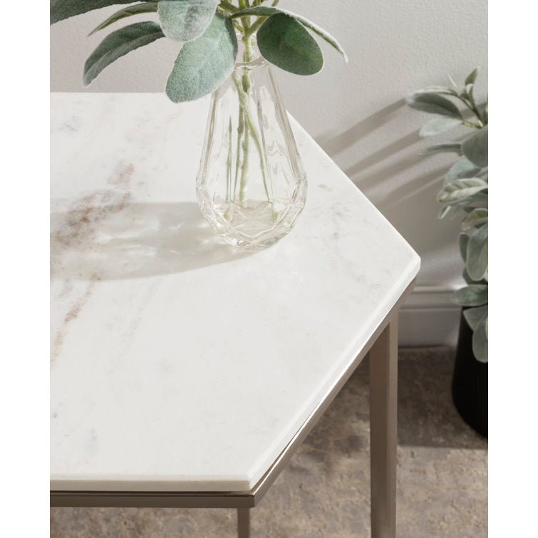 Hexagon Shape Marble Top Silver Stand Side Table - Decor Smart