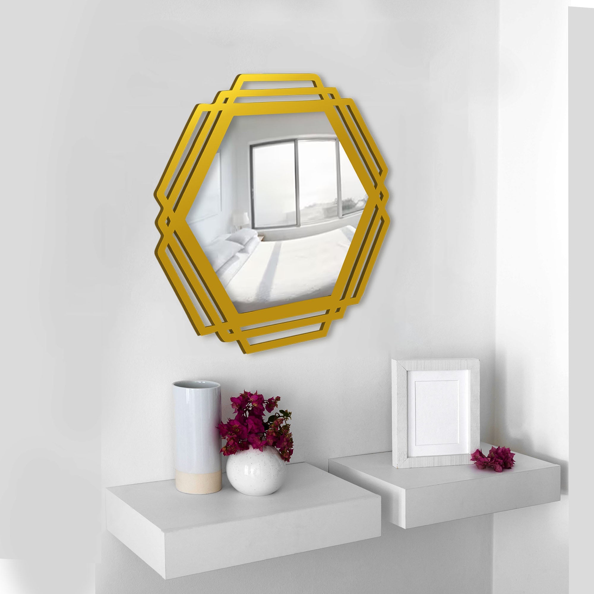 Hexagonal Shape Designer Decorative Wooden Wall Mirror With Gold Texture - Decor Smart