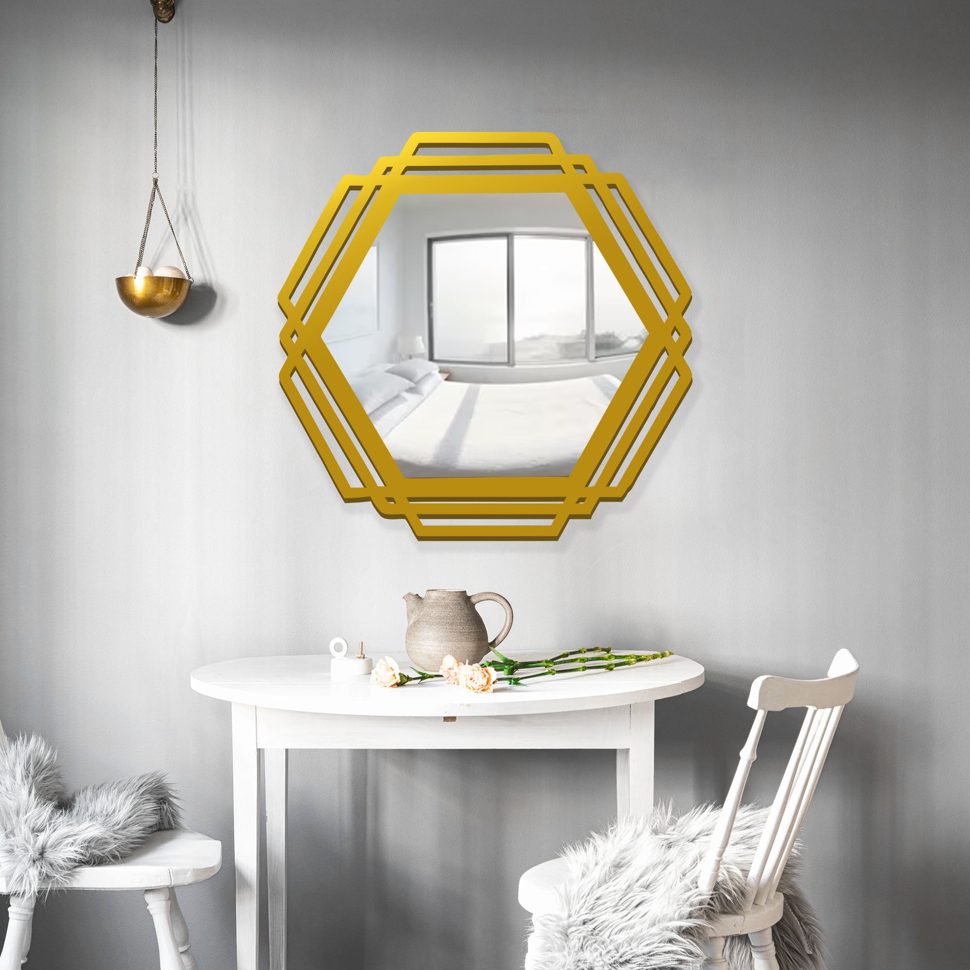 Hexagonal Shape Designer Decorative Wooden Wall Mirror With Gold Texture - Decor Smart