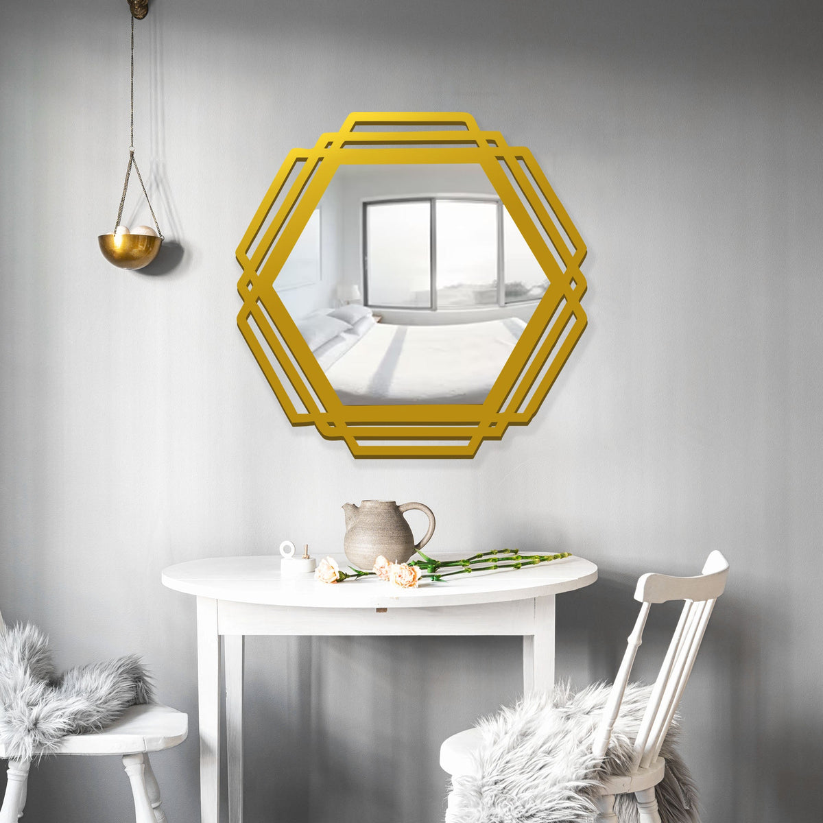 Hexagonal Shape Designer Decorative Wooden Wall Mirror With Gold Texture - Decor Smart